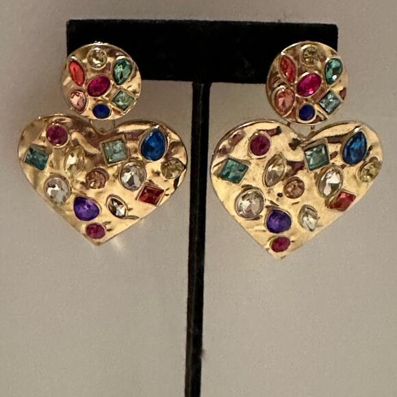 🌟🌟HOLIDAY🌟🌟READY GOLD TONE HEART EARRINGS BEDAZZLED w/FAUX COLORED STONES NEW - Picture 9 of 9